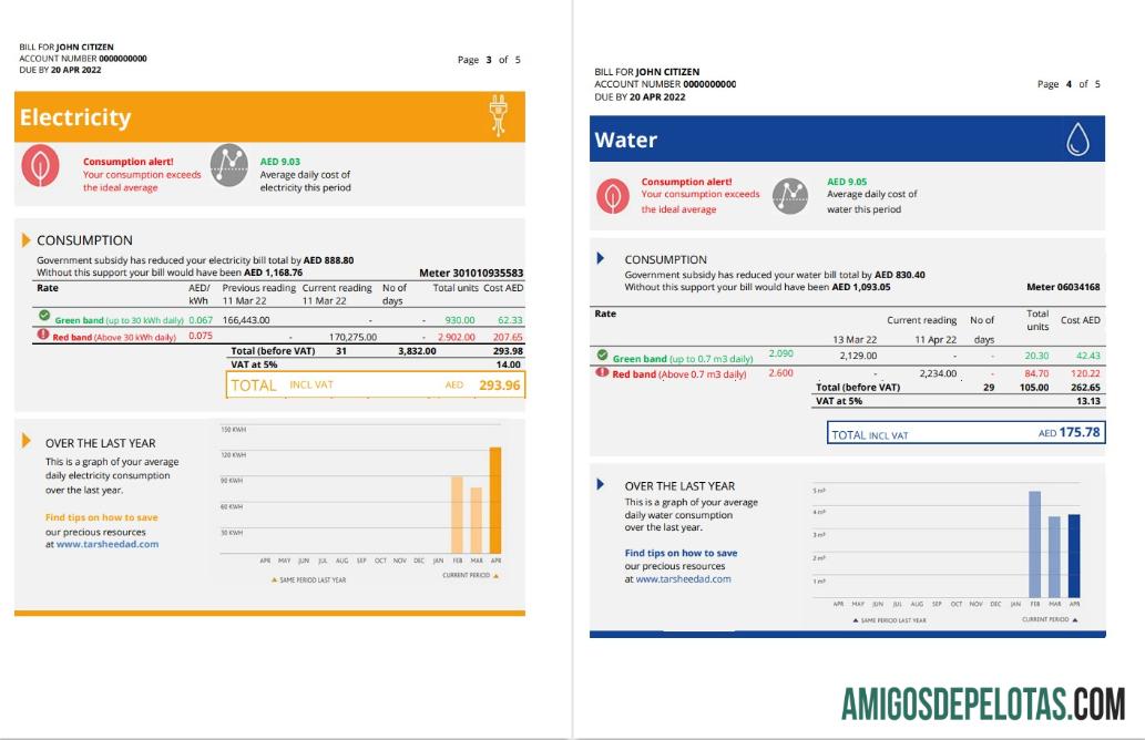 imprimível Emirados Árabes Unidos Fujairah Al Ain Distribution Co. Modelo de conta de serviços públicos em Word e PDF (5 páginas) 3 4